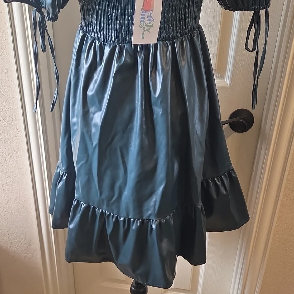 Chic Dark Green Faux Leather Puff Sleeve Mini Dress - Picture 14 of 16